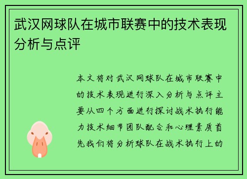 武汉网球队在城市联赛中的技术表现分析与点评